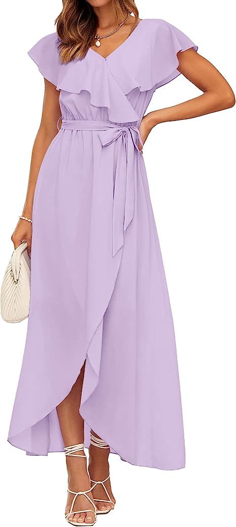 BTFBM Women's Summer Chiffon Maxi Dresses Deep V Neck Ruffle Short Sleeve Beach Party Cocktail Fl... | Amazon (US)