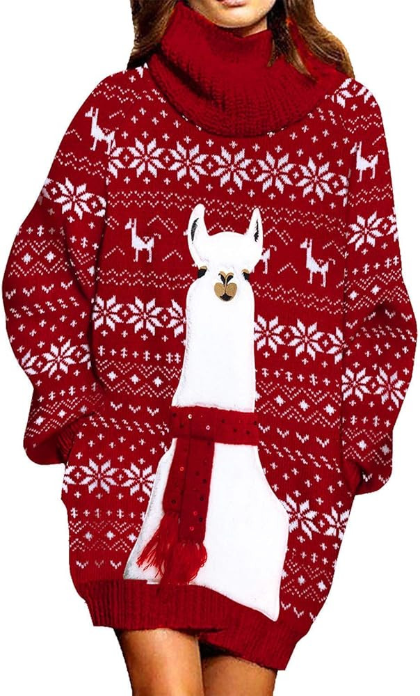 Jumppmile Womens Ugly Christmas Xmas Oversize Turtleneck Pullover Sweater Dress with Pockets | Amazon (US)