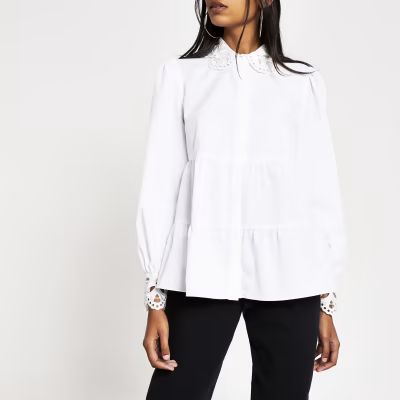 White embroidered collar smock shirt | River Island (UK & IE)