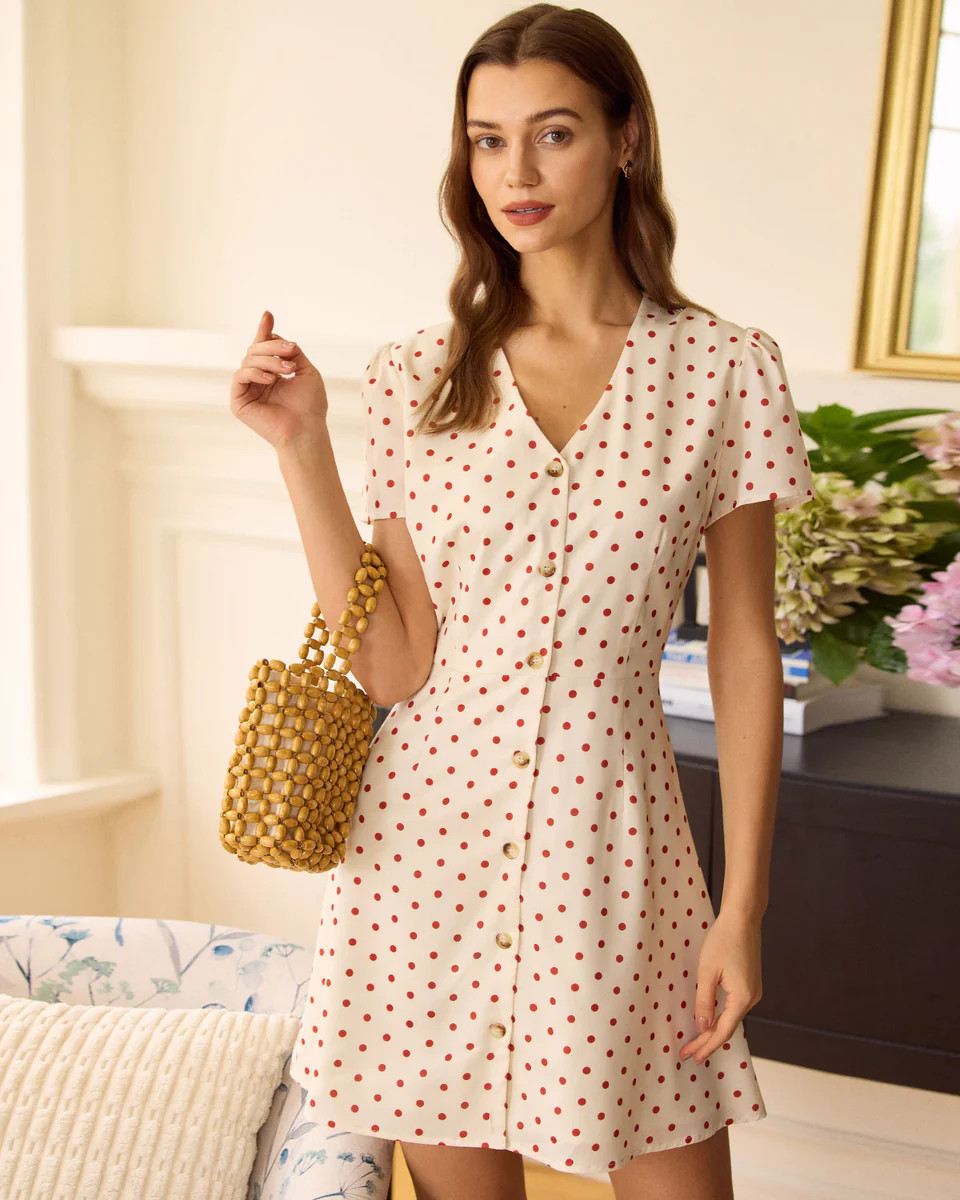 The Beige Polka Dot Button Mini Dress | rihoas.com