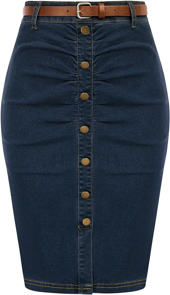 Belle Poque Denim Pencil Skirt for Women Ruched Bodycon Jeans Skirt with Belt High Waisted Pencil... | Amazon (US)