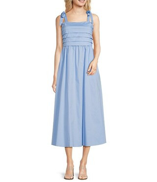 Leslie Fay Square Neck Sleeveless Pleaded Bodice Cotton Poplin Fit and Flare Midi Dress | Dillard... | Dillard's