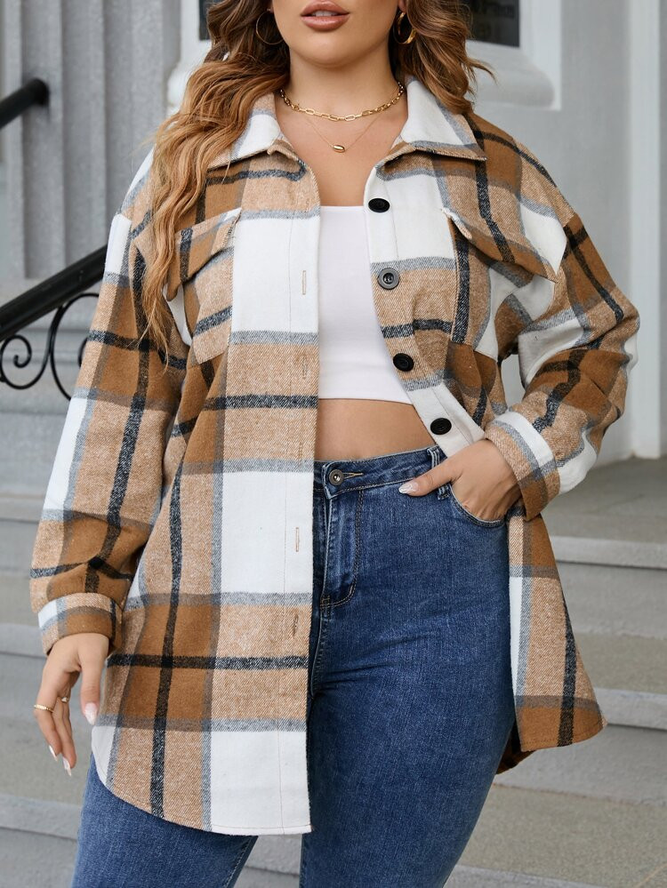 Plus Plaid Flap Pocket Drop Shoulder Coat | SHEIN