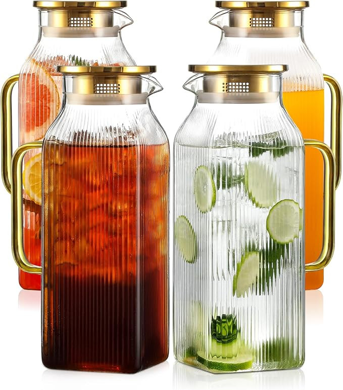 4 Pack 2 Liter/68 oz Square Glass Pitcher with Lid, Classic Stripes Water Pitchers with Handle fo... | Amazon (US)