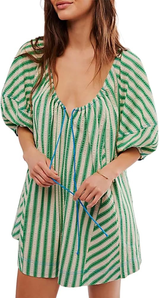 Women Y2k Striped Short Rompers Casual Puff Sleeve Scoop Neck Mini Shorts Summer Loose Oversized ... | Amazon (US)
