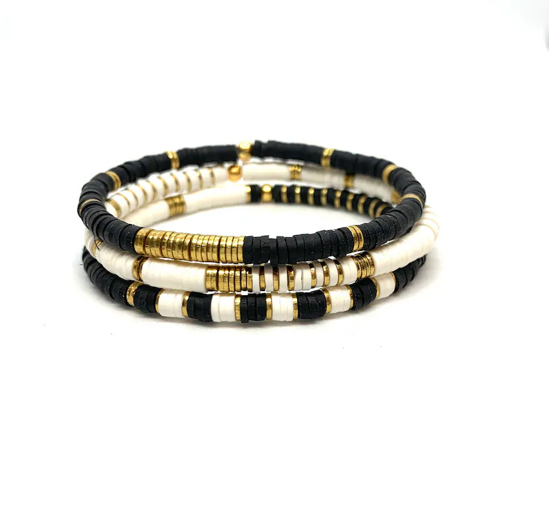 Heishi Black and White Bracelets/6mm and 4mm Bracelet Black/White/Gold Bracelets/Soft African Vin... | Etsy (US)