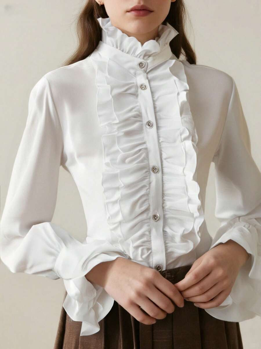 Women's Long Sleeve Single-Breasted Fashionable White Ruffle Collar Blouse | SHEIN