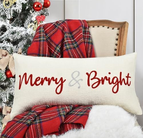Nice Merry and Bright Christmas Decor Cotton Burlap Decorative Rectangle Throw Lumbar Waist Pillo... | Amazon (US)