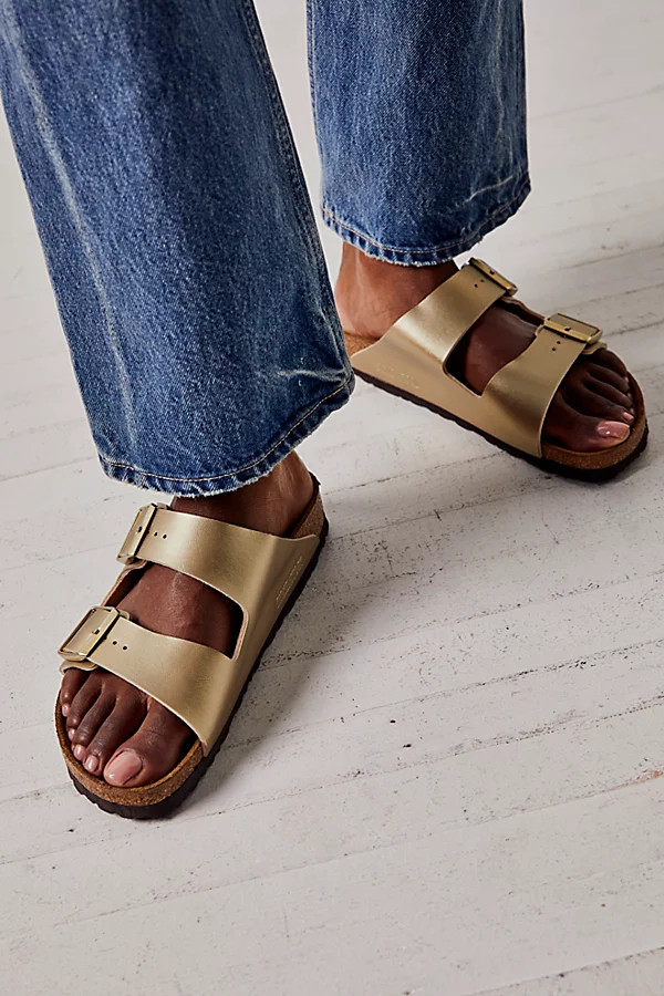 Arizona Birko-flor Sandals by Birkenstock at Free People, Gold, EU 38 | Free People (Global - UK&FR Excluded)