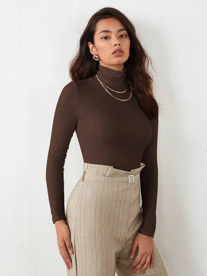 evoluSHEINSHEIN BIZwear Solid Brown Color Fitted Women's T-Shirt With High Collar, Suitable As Wo... | SHEIN