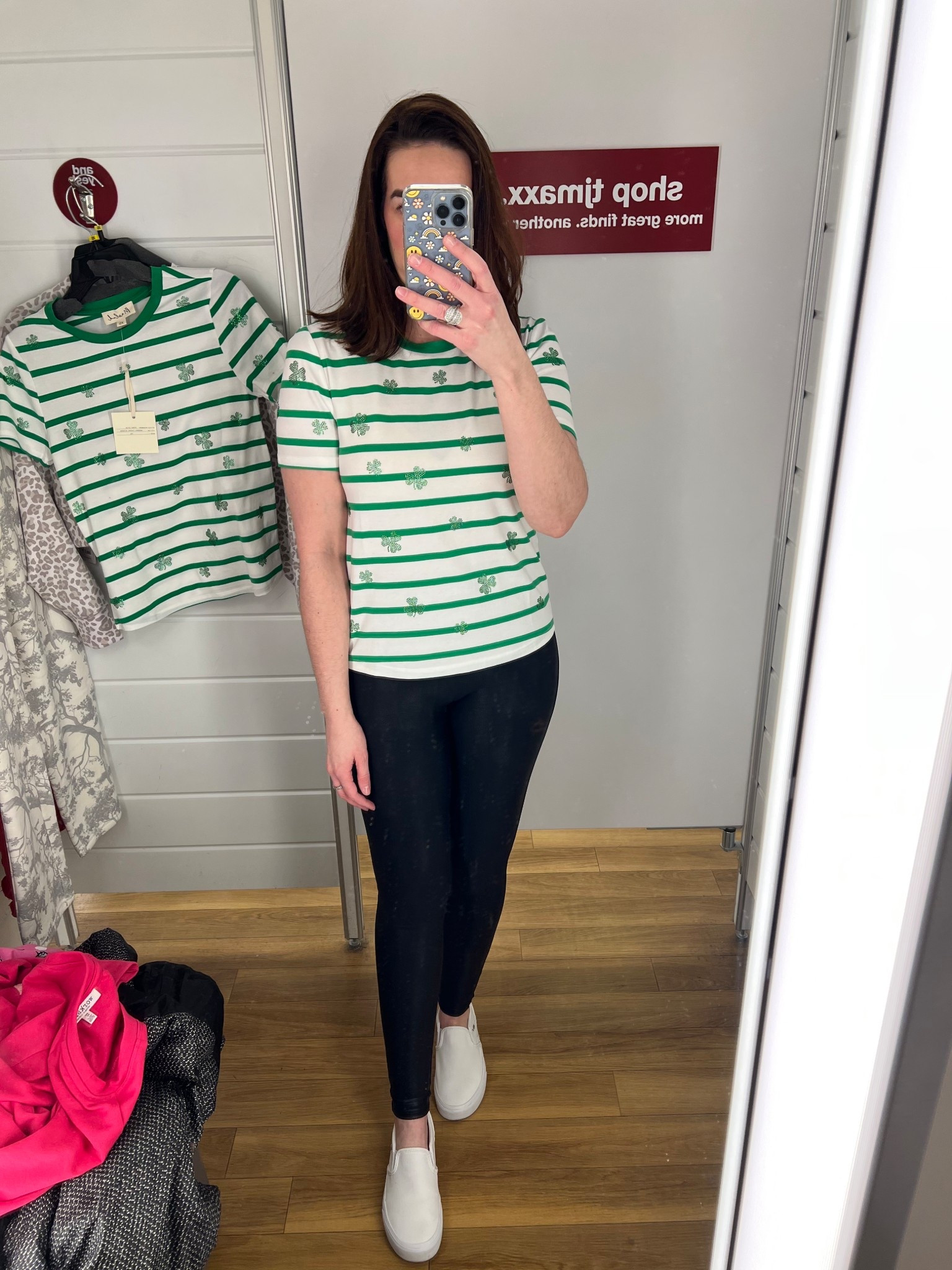 Striped shamrock t-shirt (small). Black faux leather leggings (small). White slip on sneakers (8.5). #tshirt #shamrocktshirt #stripedtshirt #leggings #blackleggings #fauxleatherleggings #sneakers #whitesneakers #sliponsneakers #casualoutfit #stpatricksdayoutfit 
st patricks day outfit women 

#LTKSeasonal #LTKootd