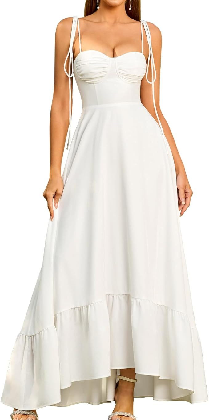 GLNEGE Women's Summer Spaghetti Strap Maxi Wedding Guest Dress Smocked Ruffle Tea Party Dresses F... | Amazon (US)