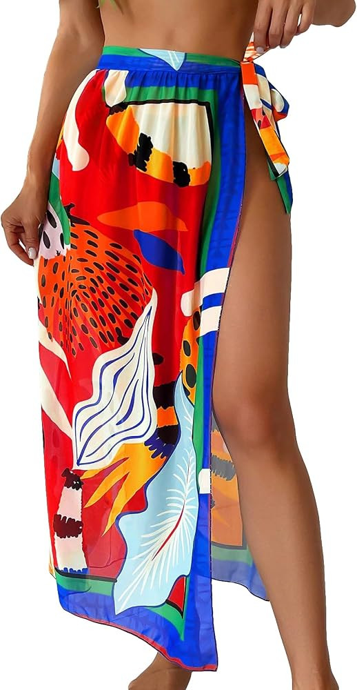 OYOANGLE Women's Beach Cover Up Boho Graphic Sarong Wraps Tie Side High Slit Long Swim Skirt Cove... | Amazon (US)