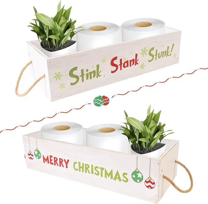 Christmas Bathroom Decor Wooden Storage Box, Double-Sided Merry Christmas Stink Stank Stunk Sign,... | Amazon (US)