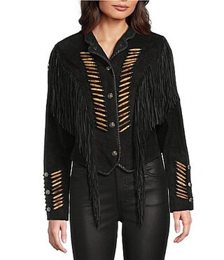 Scully Suede Fringe Round Neck Long Sleeve Jacket -  XL | Dillard's