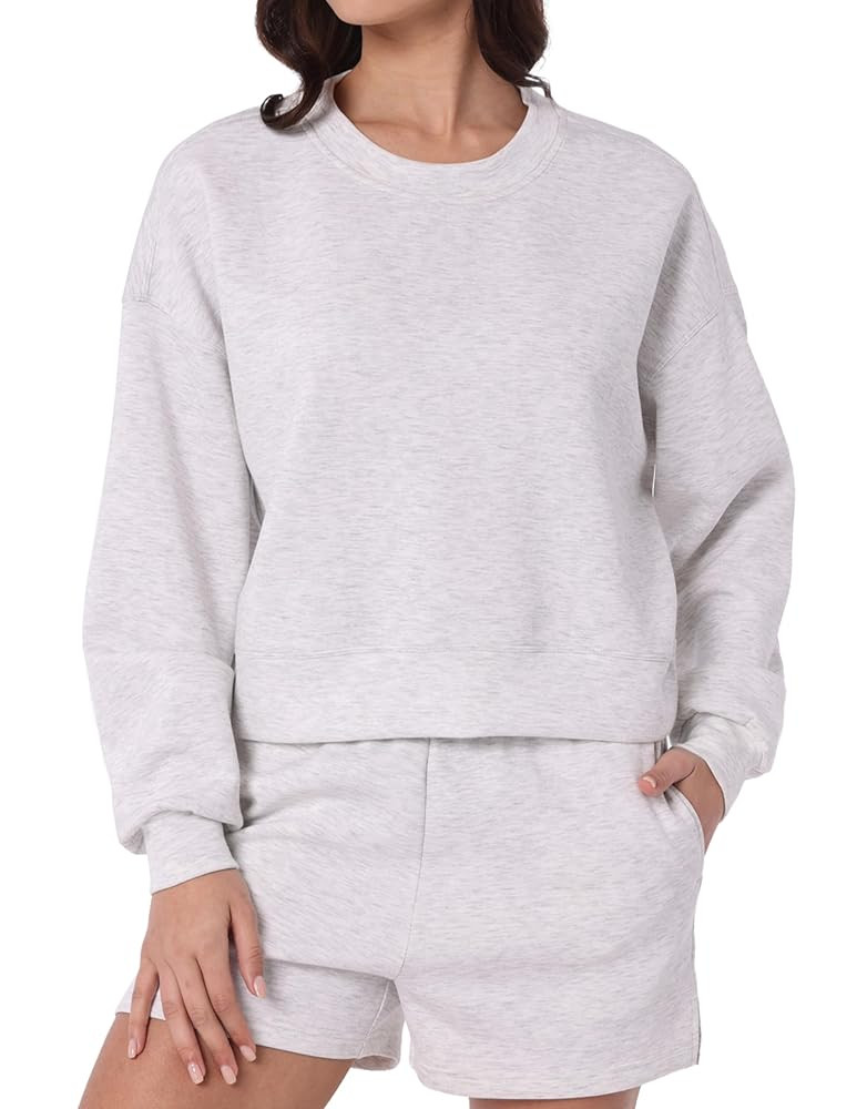 YUNOGA Womens Sweatshirts Crewneck Cropped Oversized Pullover Sweaters Solid Color Long Sleeve To... | Amazon (US)