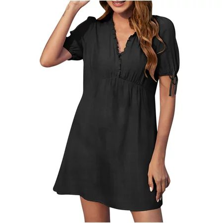 LWZWM Casual Summer Dresses for Women Boho Dress V-Neck Temperament Solid Color Short Sleeve Dress D | Walmart (US)
