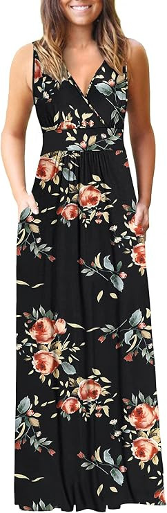 AUSELILY Women's Sleeveless Formal Dress Deep V Neck Loose Plain Cocktail Long Maxi Dresses with ... | Amazon (US)