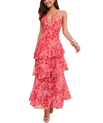 Amazon.com: Women's Floral Maxi Dress Sexy Deep V Neck Backless Ruffles Dresses Beach Party Weddi... | Amazon (US)