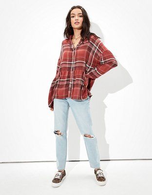 AE Plaid Babydoll Button Up Shirt | American Eagle Outfitters (US & CA)