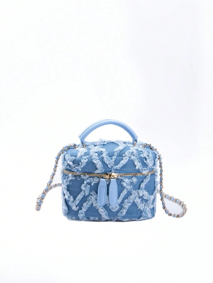 Mini Fashionable Box-shaped Denim Style Bucket Bag With Metal Chain, Frayed Edge And Pu Splice Do... | SHEIN
