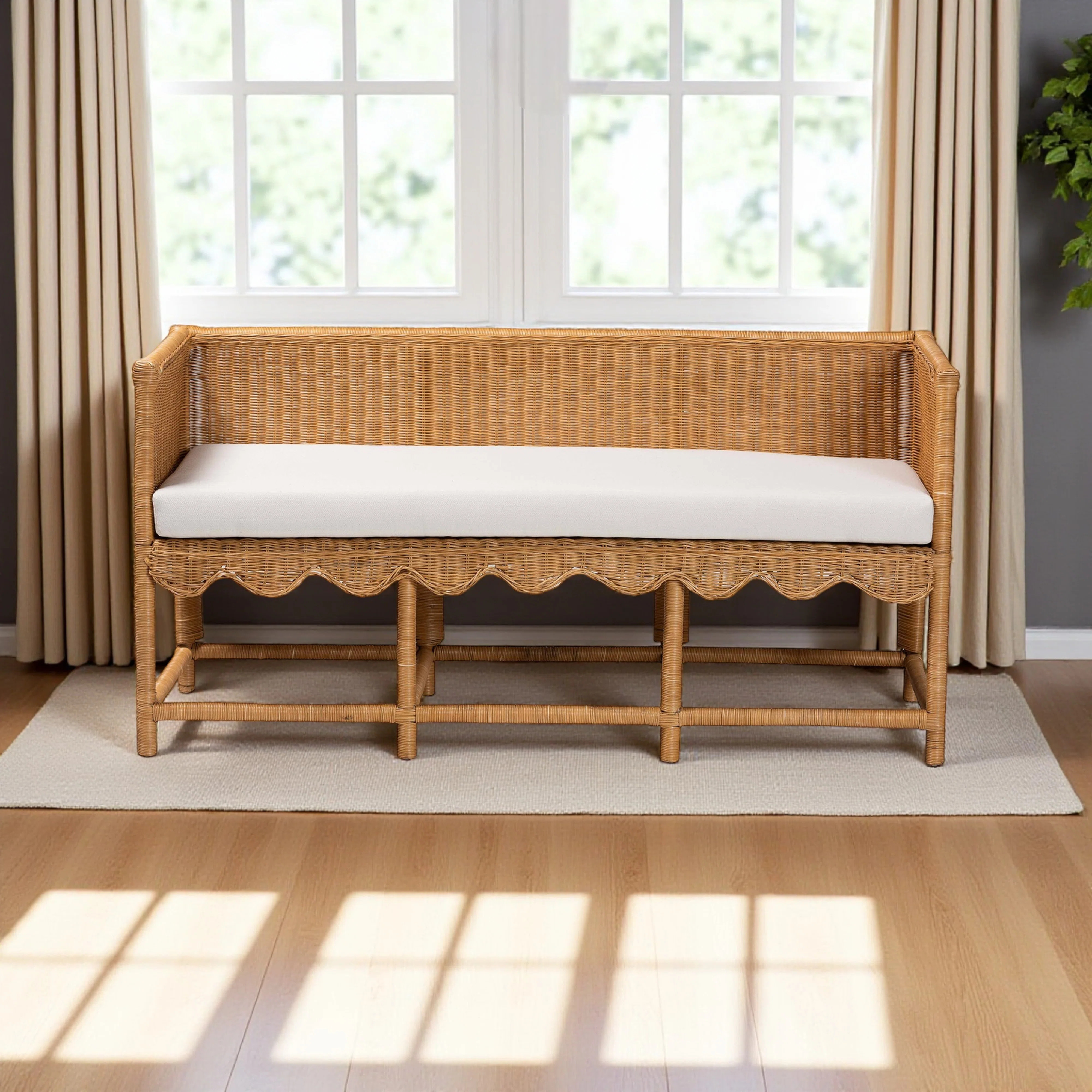 Rahan Light Honey Rattan Scallop Accent Bench with Geometric Design, 28.83" H X 58.72" W X 20.74"... | Wayfair North America