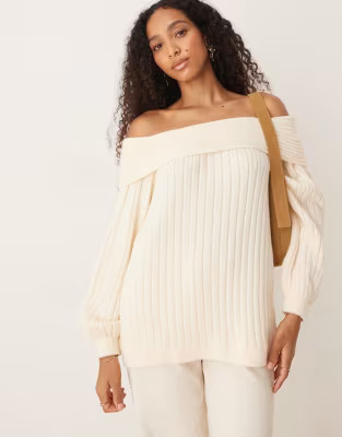 ASOS DESIGN oversized ribbed knit off shoulder sweater with balloon sleeves in ecru | ASOS | ASOS (Global)