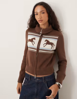 Abercrombie & Fitch double zip foldover collar horse graphic cardigan in brown | ASOS (Global)