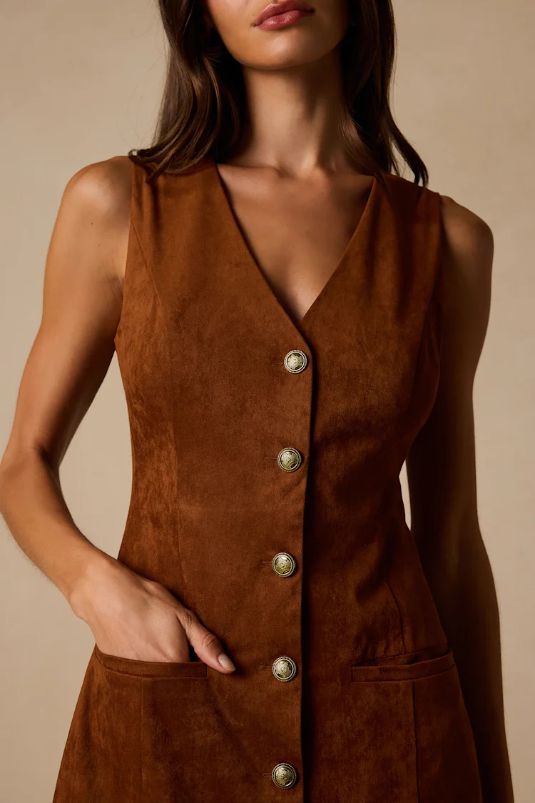 Danny Rust Brown Suede Button-Front Mini Dress | Lulus
