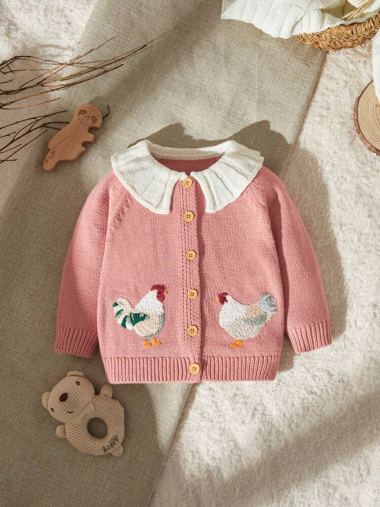 SHEIN 1pc Baby Girls' Pink Ruffled Collar Cardigan Sweater Jacket With Animal Embroidery, Long Sleeve Casual Outerwear | SHEIN