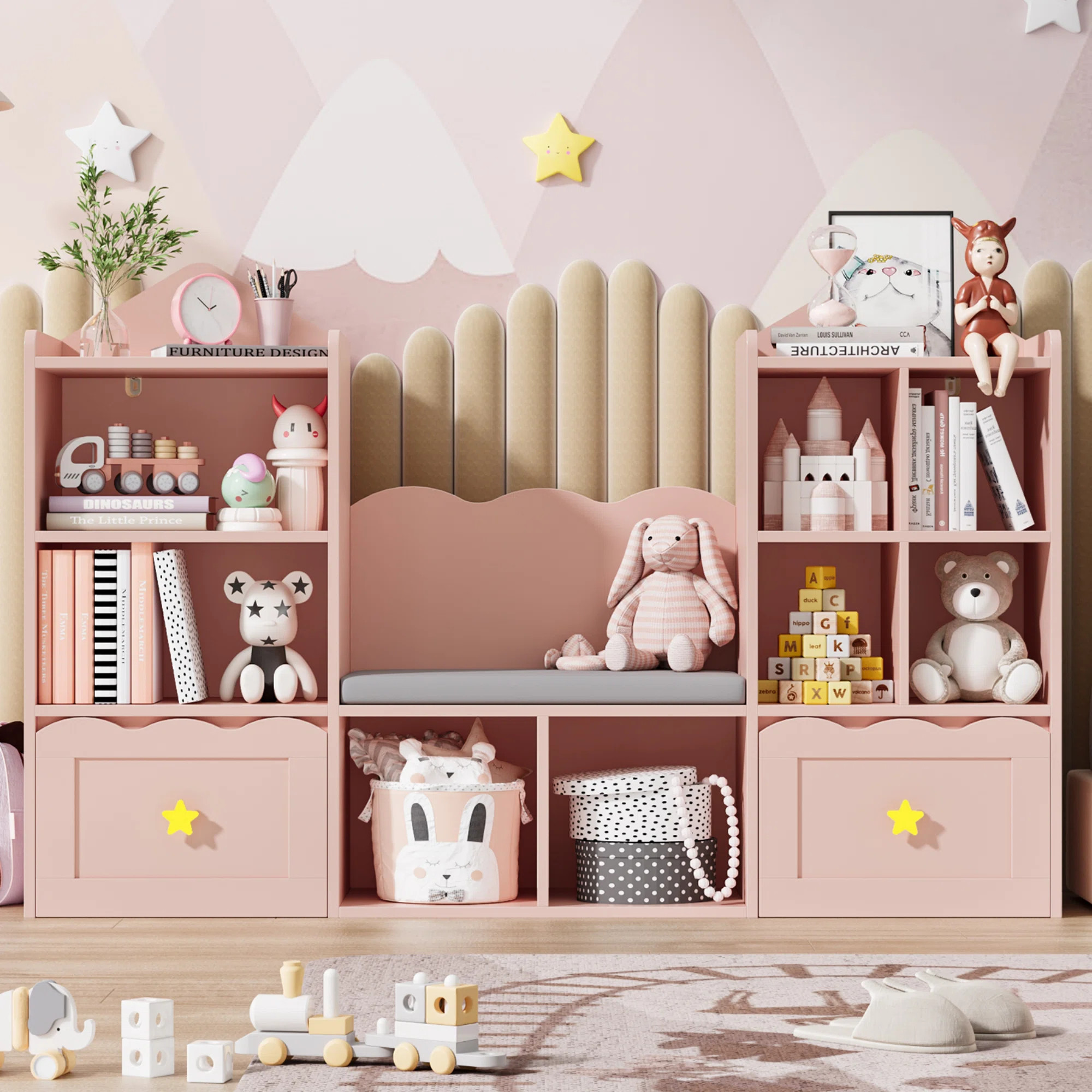 55.1"W Wood Kids Bookcase with 2 Drawers, Soft Cushion and Reading Nook | Wayfair North America