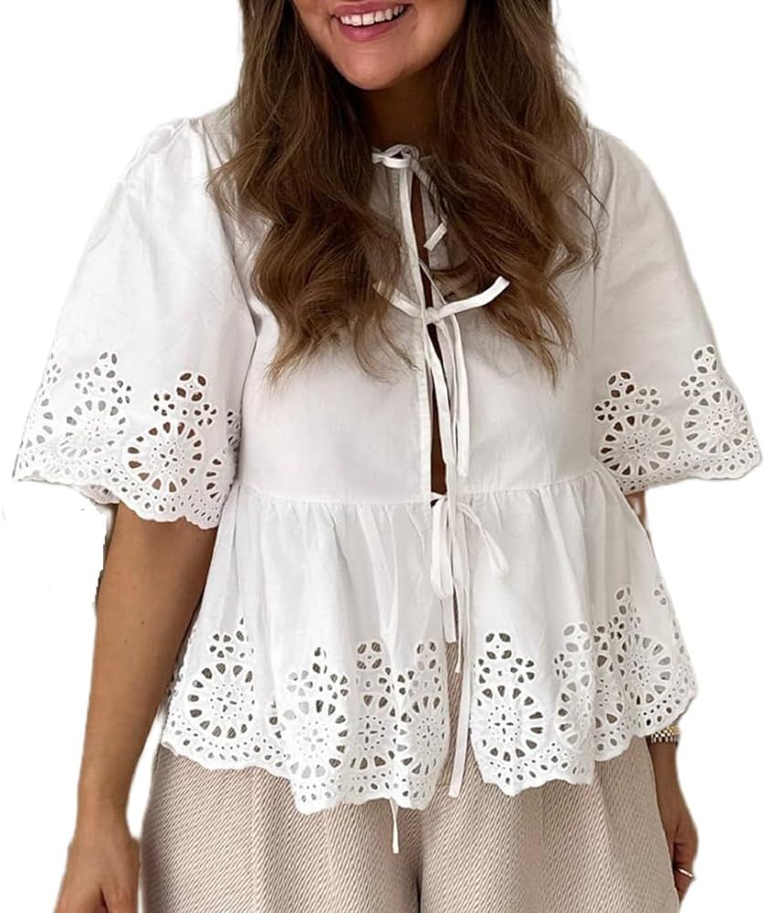 Women Short Puff Sleeve Babydoll Shirt Tie Front Reversible Peplum Blouse Tops Summer Ruffle Hem ... | Amazon (US)