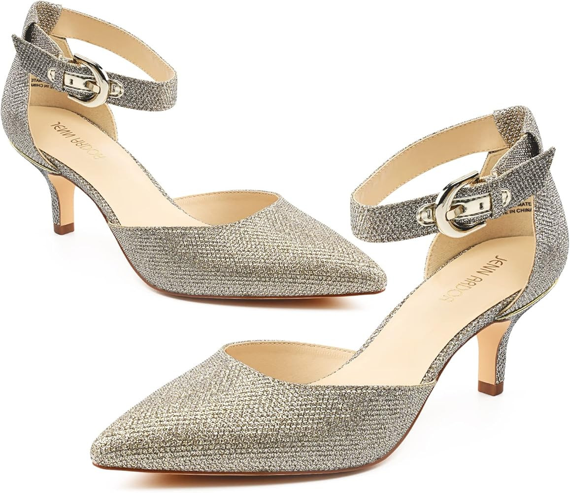 JENN ARDOR Pumps for Women 2 inch Low Kitten Dressy Heels Sexy Ankle Strap Closed Pointed Toe Pumps  | Amazon (US)
