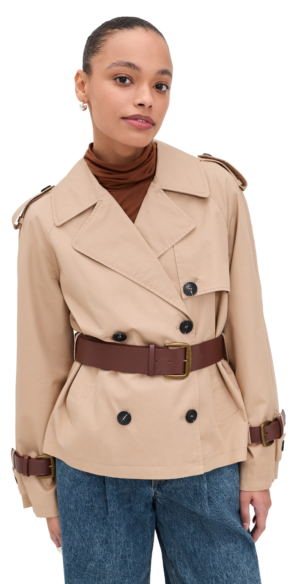 Avec Les Filles Short Trench Coat with Leather Belt Camel L | Shopbop