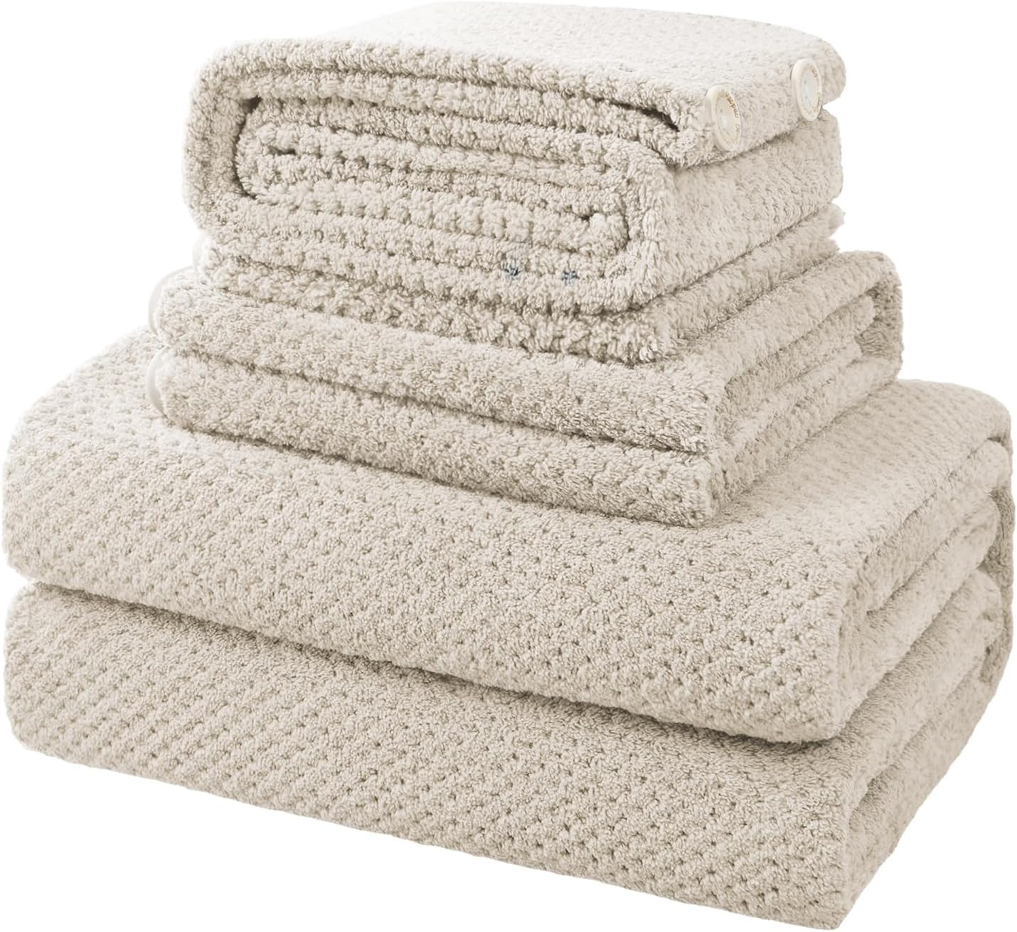 35X70 Inches Extra Large Bath Towels Sets of 4-Piece Bathroom Towel Set(1 Bath Towel, 1 Hair Towel, 1 Hand Towel, 1 Washcloth) Microfiber Shower Towels for Women Daily Use (Khaki, 4 Piece) | Amazon (US)