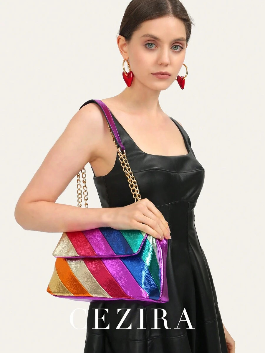 CEZIRA 1 Pc Metallic Colorful Stripes Patchwork PU Leather Shoulder Bag For Women Flap Cover Meta... | SHEIN