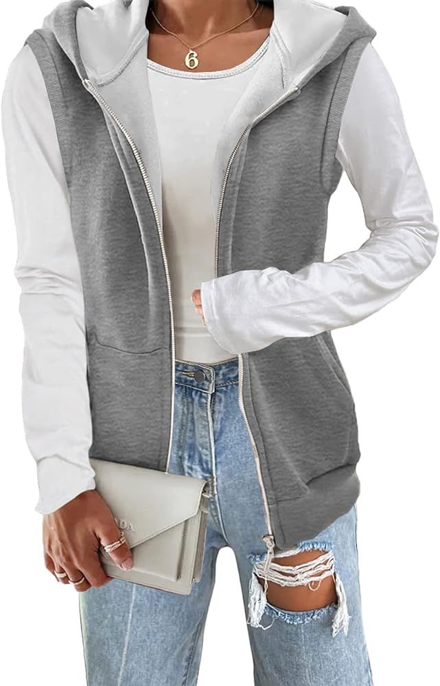 Yousify Women's Casual Thermal Sleeveless Plush Zip Up Vest Basic Hoodie Sweatshirt with Pockets | Amazon (US)