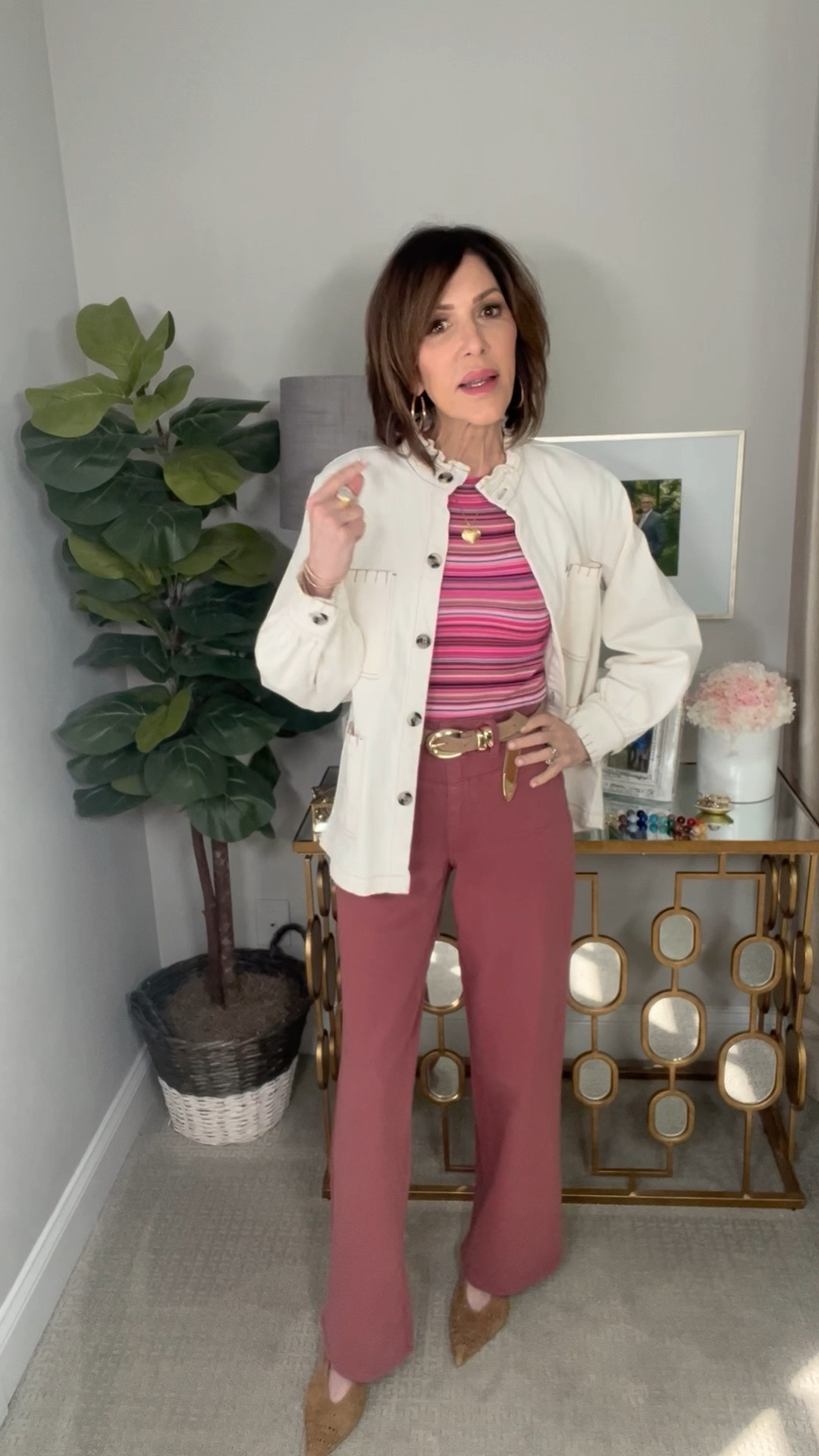 pink striped top, jacket, pink pants, suede heels. suede belt, over 50 outfits, spring outfit 

#LTKgrwm #LTKOver40 #LTKootd