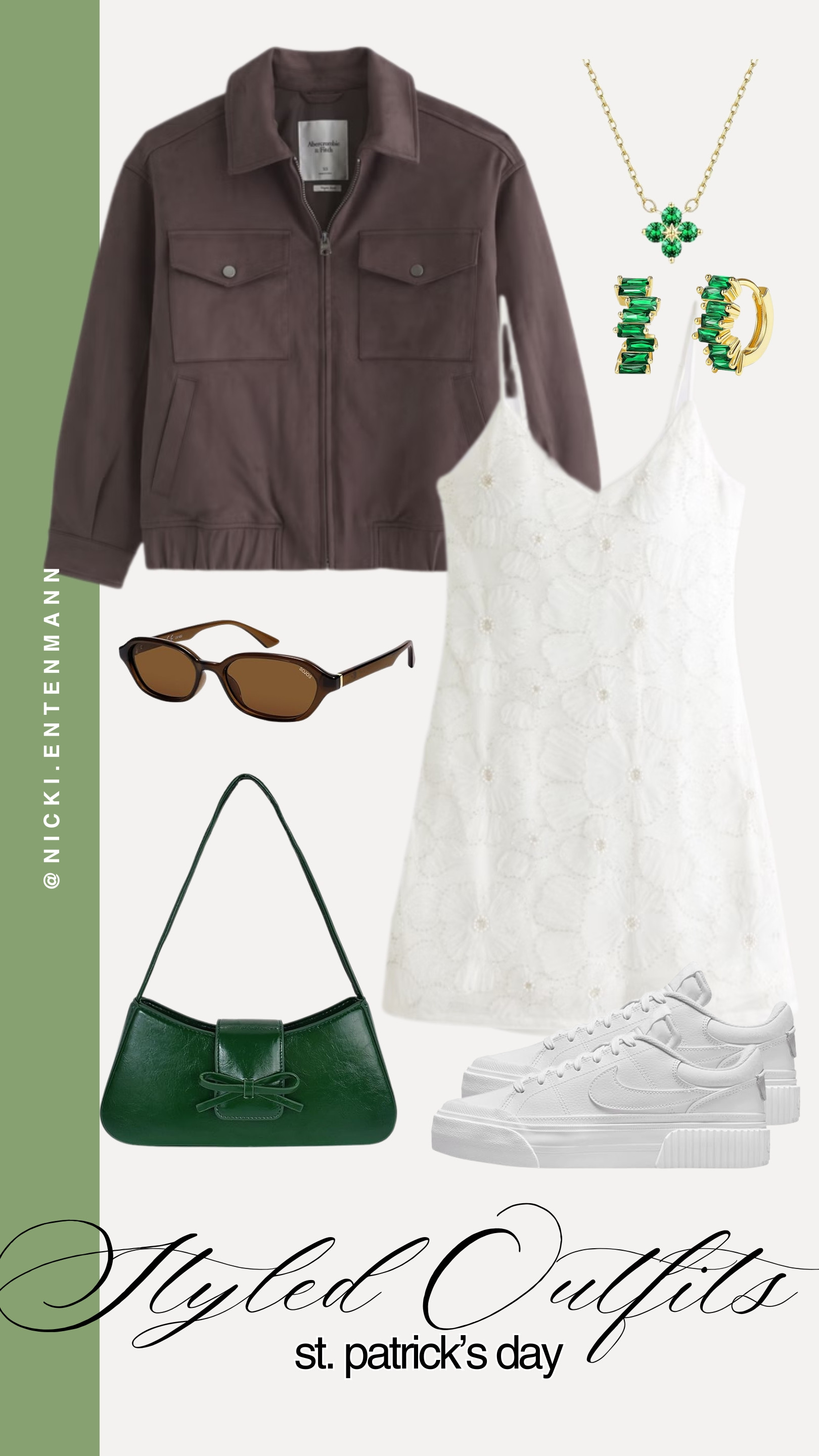Stay pinch-proof and stylish this St. Patrick's Day with an outfit that is as chic as it is festive! 🍀 This look perfectly balances romantic spring details with edgy, structured layers for the ultimate holiday ensemble. From the dainty floral lace to the deep emerald accessories, you will be celebrating in style from morning till night. #StPatricksDayOutfit #StPattysDay #GreenOOTD #SpringStyle #AbercrombieStyle #NikeBlazer #EmeraldJewelry #LaceDress #HolidayStyle #StPatricksDay2026 

 #LTKSpringSale #LTKgrwm #LTKootd