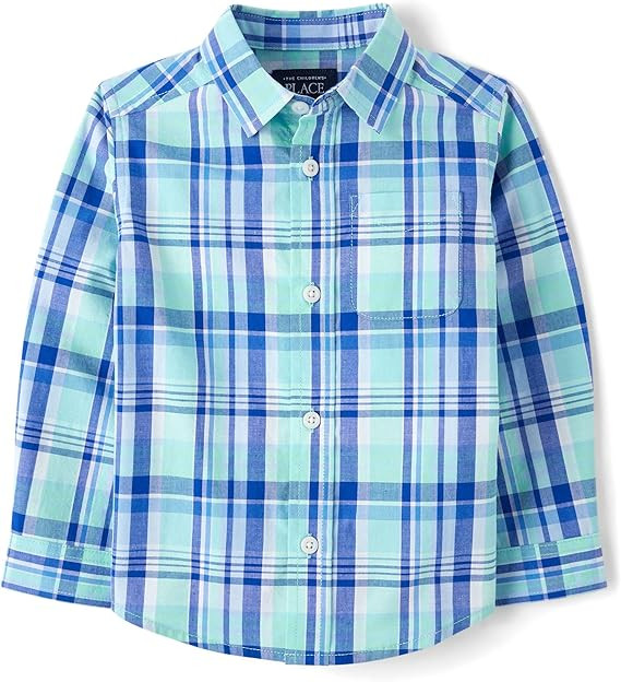 The Children's Place,Baby Boys,and Toddler Poplin Long Sleeve Button Down Shirt,Mellow Aqua Plaid... | Amazon (US)