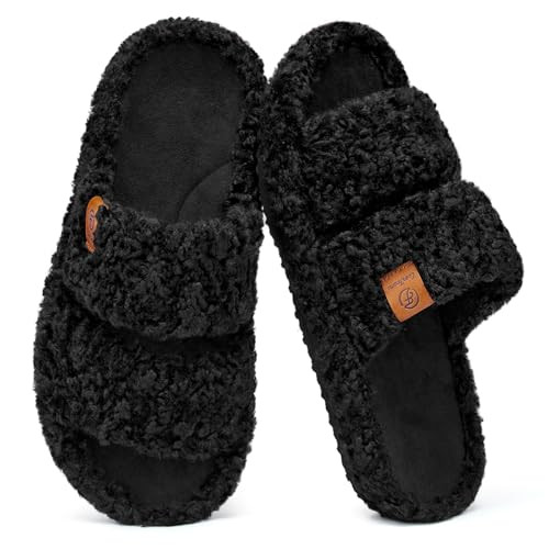 EverFoams Womens Fuzzy Open-toe Slippers Soft Comfy Memory Foam Indoor House Shoes Matt Black,7-8 US | Amazon (US)