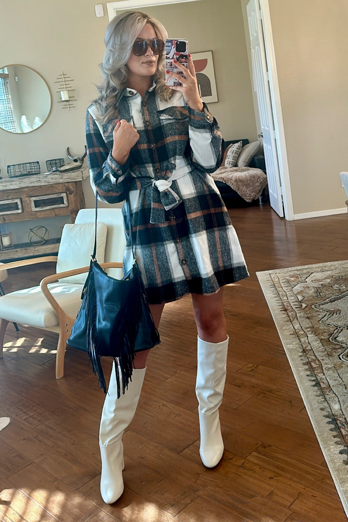 Plaid Dress. Holiday Outfit. Fuzzy Dress. Flannel Dress. White Boots. Outfit of the Day. Fringe Purse. Amazon Outfit  

#LTKHoliday #LTKSeasonal #LTKfindsunder100