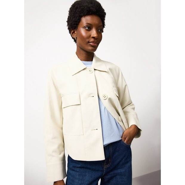 Stone PU Leather Bomber Style Collared Jacket S | Tu Clothing