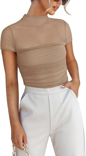 REORIA Women's Sexy Mock Turtle Neck Short Sleeve Shirts Sheer Mesh Ruched Trendy Going Out Bodys... | Amazon (US)
