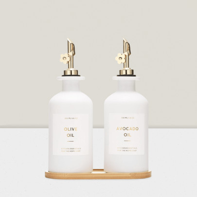 Set Of 2 Glass Olive Oil & Vinegar Dispenser Bottles – 11.8oz Gold And White Design, Stylish Cooking Oil Containers For Kitchen Use | SHEIN