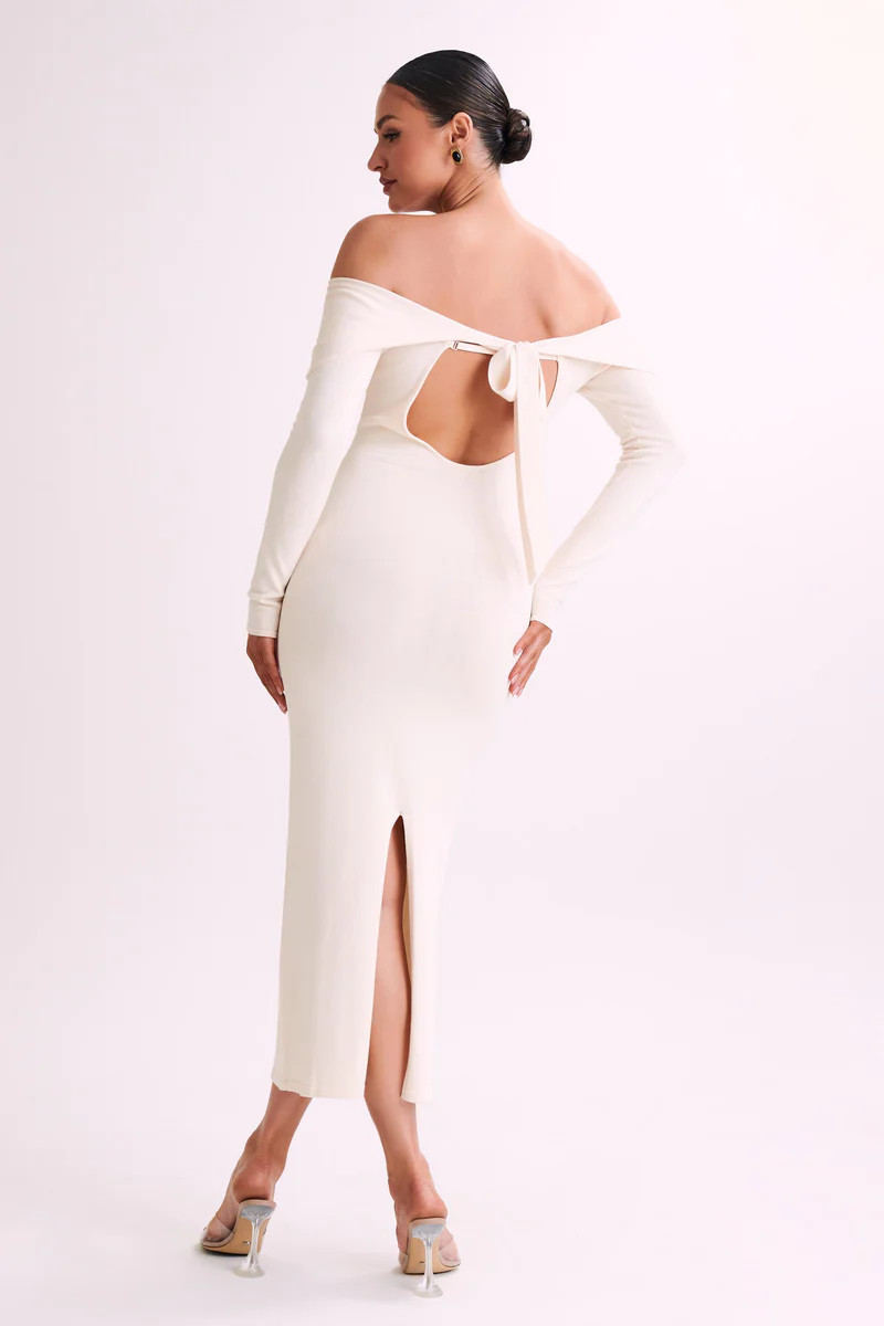 Odyssey Off Shoulder Knit Maxi Dress - Ivory | MESHKI US