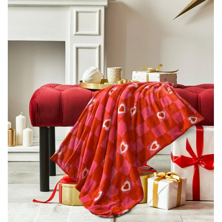Way to Celebrate Super Soft Cozy Valentines Day Oversize Plush Throw Blankets, Check Hearts | Walmart (US)