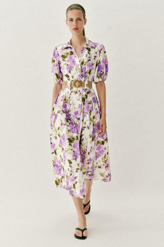 FLORAL PRINT BELTED MIDI DRESS | Zara US