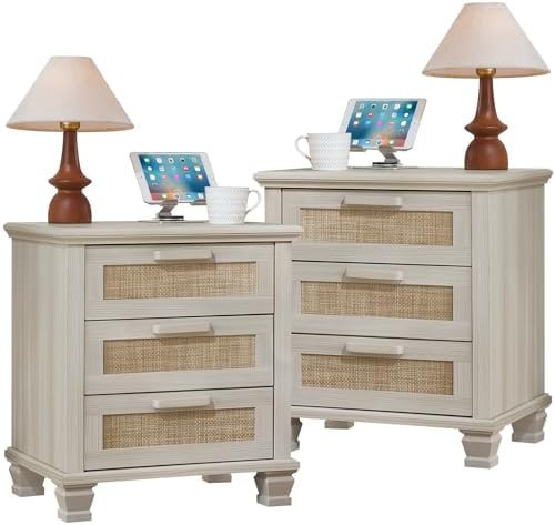 Rattan Nightstand Set of 2 with Drawers, Boho 3 Drawer Dresser, Wood Bedside Tables for Bedroom, ... | Amazon (US)