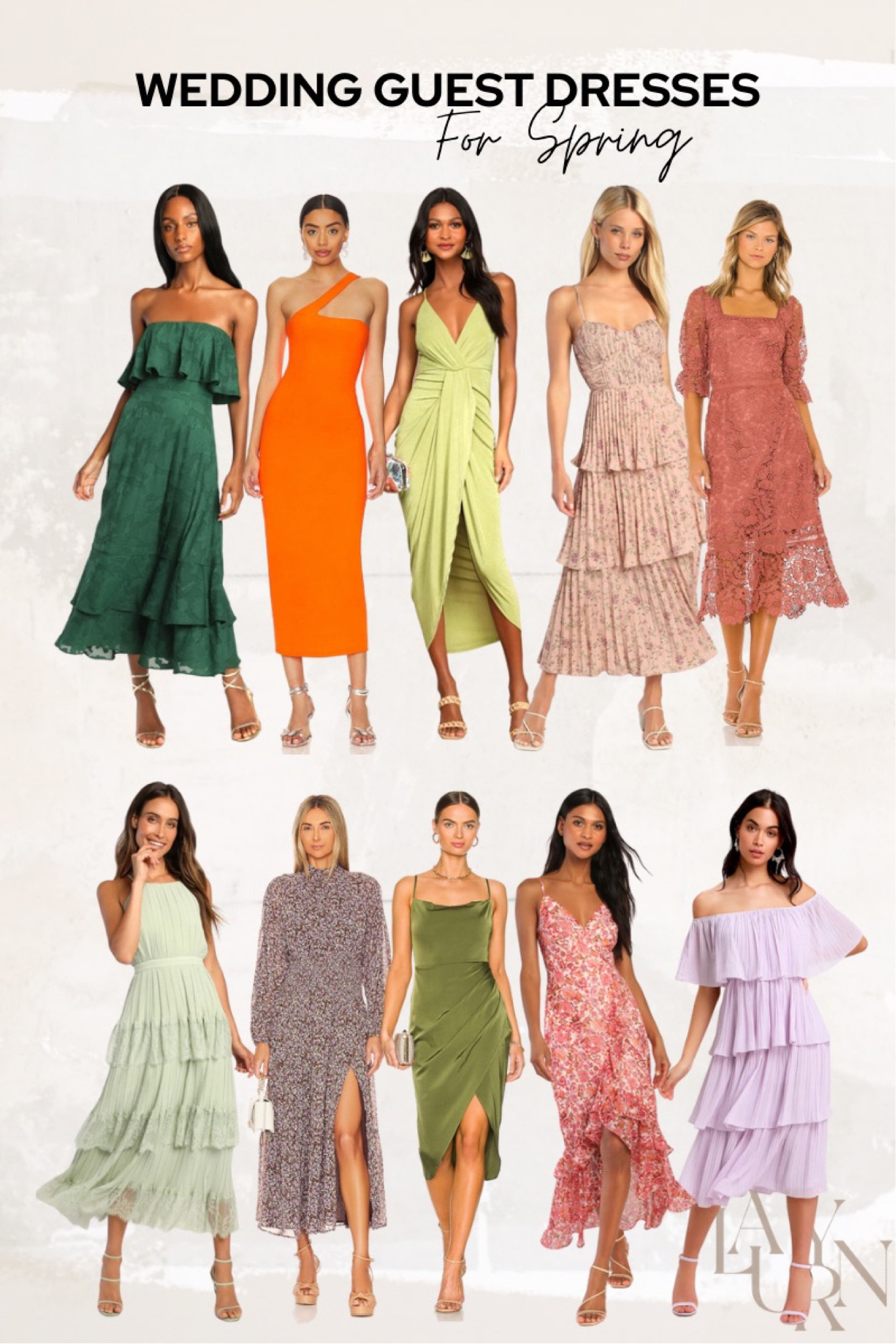 Spring wedding guest dresses all under $100! Midi dress // green dress // off the shoulder dress // floral dress // bump friendly // pink dress // strapless dress // tiered dress 